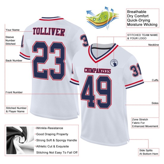 Custom White Navy-Red Mesh Authentic Throwback Football Jersey Custom White Navy-Red Mesh Authentic Throwback Football Jersey