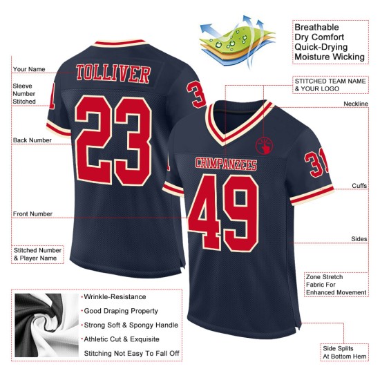 Custom Navy Red-Cream Mesh Authentic Throwback Football Jersey Custom Navy Red-Cream Mesh Authentic Throwback Football Jersey