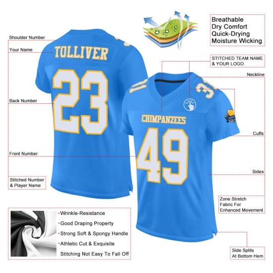 Custom Powder Blue White-Gold Mesh Authentic Football Jersey Custom Powder Blue White-Gold Mesh Authentic Football Jersey