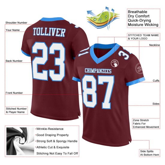 Custom Burgundy White-Powder Blue Mesh Authentic Football Jersey Custom Burgundy White-Powder Blue Mesh Authentic Football Jersey