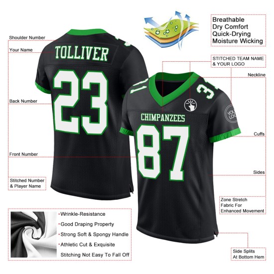 Custom Black White-Grass Green Mesh Authentic Football Jersey Custom Black White-Grass Green Mesh Authentic Football Jersey