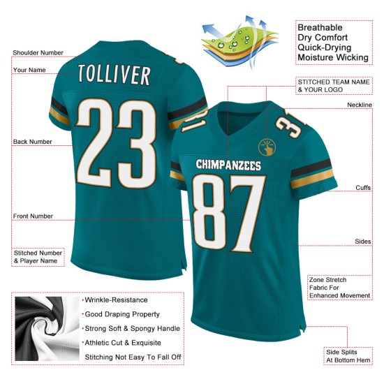 Custom Teal White-Old Gold Mesh Authentic Football Jersey Custom Teal White-Old Gold Mesh Authentic Football Jersey