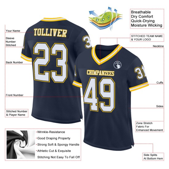 Custom Navy White-Gold Mesh Authentic Throwback Football Jersey Custom Navy White-Gold Mesh Authentic Throwback Football Jersey