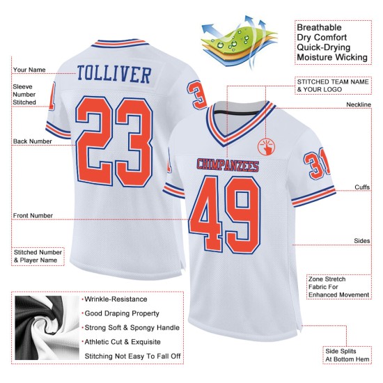 Custom White Orange-Royal Mesh Authentic Throwback Football Jersey Custom White Orange-Royal Mesh Authentic Throwback Football Jersey